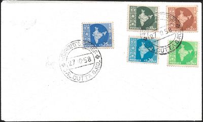 Map Asokan Watermark complete set of 5 1958 FDC. complete set tied by Calcutta GPO day of issue cds.
