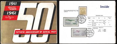First Aerial Post 1961 Golden Jubilee large folder. complete set of 3 tied by Allahabad first 
