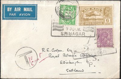 Broken Tail-wing variety on 6 annas. on cover. Superb postage due cover with variety.