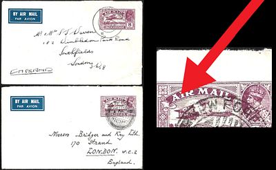 Airmail Postal Stationery Dot Variety on 2 envelopes. on first issue and later surcharged issue. 