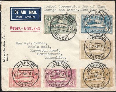 Airmail 1929 entire set on cover. posted on 12 May 1937 to commemorate the coronation of KGVI. 