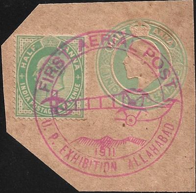 First Aerial Post postmark. on piece. Fine magenta postmark that ties stamp and indicia.