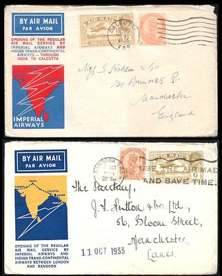 Calcutta to London and Rangoon to London 2 FFCs. official Imperial Airways covers, opening 