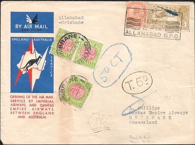 Allahabad to Brisbane FFC 1934. superb postage due cover.