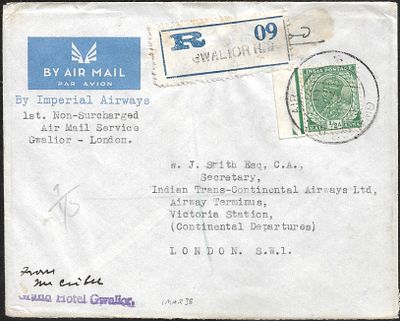 Coogee Return FFC Gwalior to London via Karachi. stamps tied by 1 March 1938 cds of Gwalior RS. 