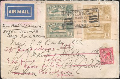 India Airmail cover to UK redirected to Spain. with airmail stamps tied by Sialkot postmark 