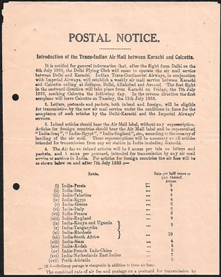 1933 Karachi to Calcutta First Flight long Postal Notice. usual filing holes. Important and 