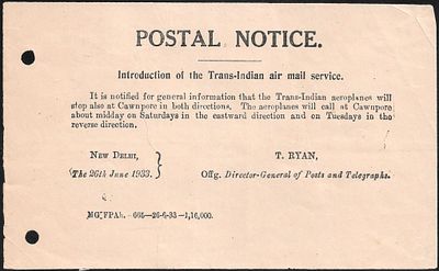 1933 Cawnpore stopover Postal Notice. some splitting, taping on reverse. Should display well.