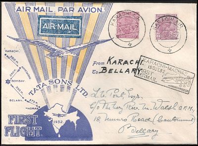 Tata Sons LV Pont Karachi to Bellary yellow blue FFC. signed by Stephen Smith on the reverse.