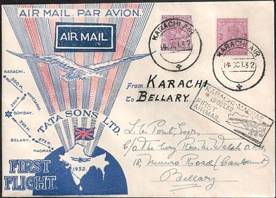 LV Pont Tata Sons Karachi to Bellary union jack FFC. signed by Stephen Smith on the reverse and 