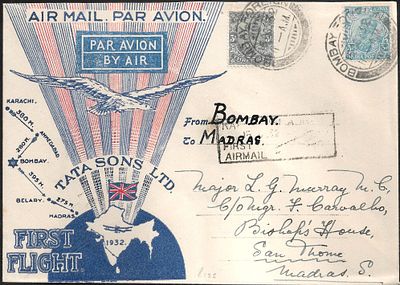 Tata Sons Bombay to Madras union jack FFC. superb, authenticated on the reverse by Stephen Smith.