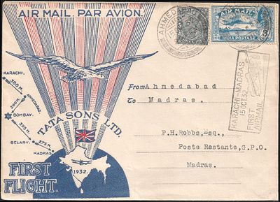 Tata Sons Ahmedabad to Madras 1932 FFC. superb Union Jack cover with special boxed cachet.