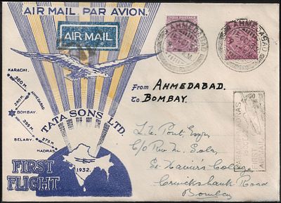 LV Pont Ahmedabad to Bombay yellow blue Tata Sons FFC. signed by Stephen Smith on the reverse.