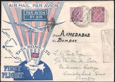 Tata Sons LV Pont union jack Ahmedabad to Bombay FFC. authenticated on the reverse by Stephen Smith.