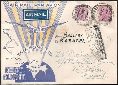 LV Pont yellow blue Bellary to Karachi Tata FFC. ageing marks on front. Signed by Smith on the 