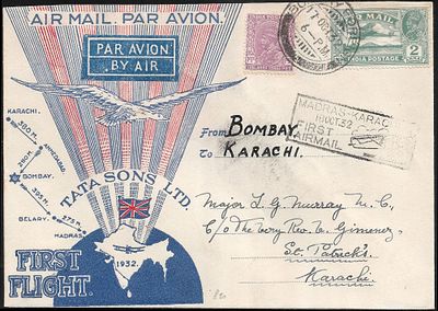 Bombay to Karachi union jack Tata FFC. signed by Stephen Smith on the reverse.
