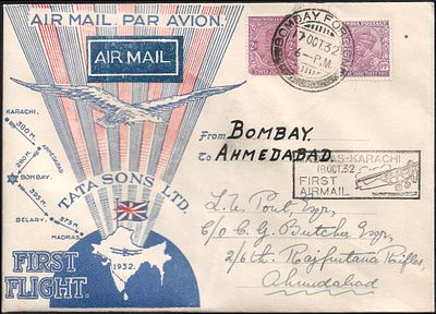 Bombay to Ahmedabad union jack LV Pont FFC. signed by Stephen Smith on the reverse.