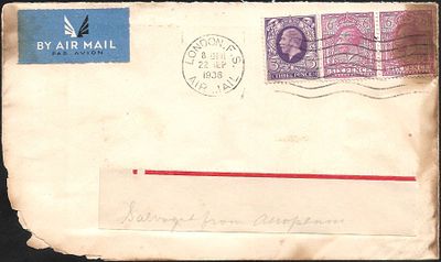 Athena Crash at Delhi 1936 cover. mailed from London with notation 'Salvaged from Aeroplane'. 