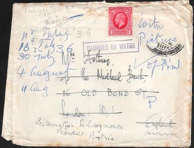 Scipio Crash Redirected cover 1936. mailed from India to London. Niernick 360822 with cachet 
