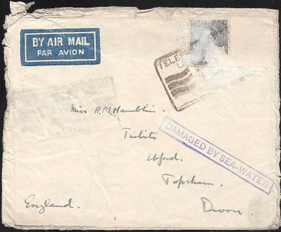 Cygnus Crash 1937. mailed from India to Devon with Lahore boxed postmark on reverse. Niernick 