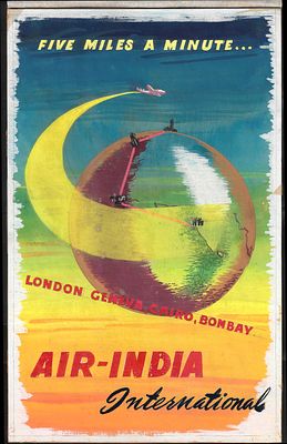 Five Miles a Minute Original Artwork for Air India International 1948 London Bombay route. from 