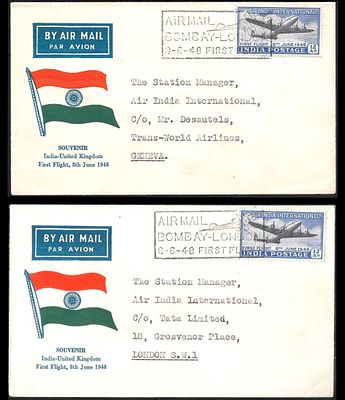 Air India 1948 FFCs/FDCs Madras to Geneva and to London. 2 souvenir covers in superb condition.