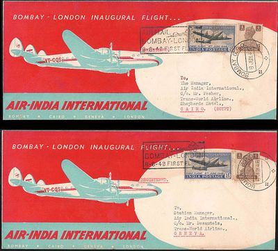 Air India 1948 Tata covers registered to Cairo and Geneva. usual gum marks do not detract. 