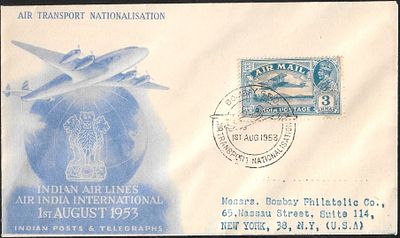 Air Transport Nationalisation 1953 cover with airmail 1929 issue. superb and late usage of 