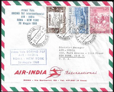 Rome to New York Air India 1960 Boeing 707 FFC. superb flight cover on stationary of Air India 