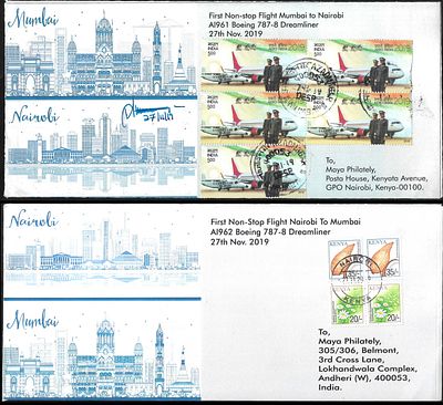 Mumbai to Nairobi Air India 2019 FFC and Return. Dreamliner 787 first flight. Both covers signed 