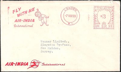 Air India Maharaja Fly With Me London Meter franking 1959. minor opening fault does not detract. 