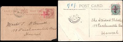 Minto Fete 2 items. Rangoon postcard with couple of pinholes mailed to Howrah and postcard with 