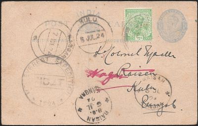 Mount Everest expedition Pharijong mailed postcard. KGV postal stationery mailed from Pharijong 
