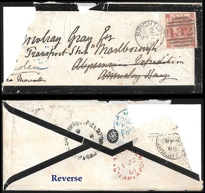 Abyssinia Field Force incoming mourning cover. major opening damage but with clear strike of 