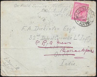 Siege of Ladysmith Boer War Interrupted Indian mail. cover is clearly endorsed "Ladysmith Feb 