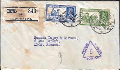 Calcutta 31 August 1939 registered cover to France Censored at Bombay. censorship was not in 
