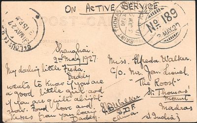 Indian Forces in Shanghai Defence Force 1927. on active service postcard sent cancelled by rare 