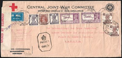 Red Cross large format censored cover WWII. sent by the Red Cross Commissioner at Simla to 