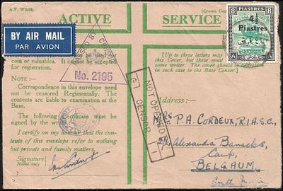 Sudan Green Honour envelope to POW Camp Belgaum 1941. boxed not opened by censor on front and 