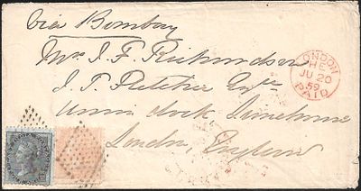 Benares to England cover. 1859 6a rated cover with stamps tied by Diamond of Dots postmark. 