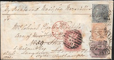 East India 1863 cover from Bombay to London Combination cover. 6a8p redirected upon arrival in 