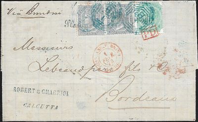 India 17a4p rated entire from Calcutta to Bordeaux. magnificent with stamps tied by blue 