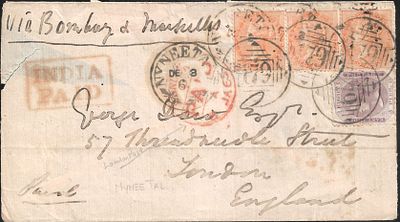 Nyneetal to England 6a8p cover. 1865 cover with stamps tied by Type 9/II of Nyneetal. Tear and 