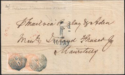 Calcutta to Mauritius postage due cover. 1869 cover with pair of two anna stamps tied by Type 