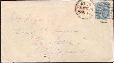 India cover from Calcutta to Agartala Tripura. half anna stamp tied by clear Calcutta No. 16 