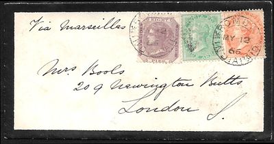 Bombay India Paid three colour mourning cover to London. superb.