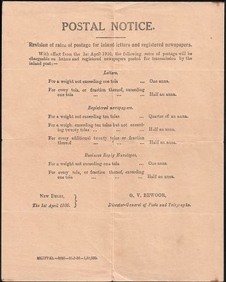 Postal Notice 1936 Changes in Inland Rate and Newspaper Rate. issued by G. V. Bewoor, notations 