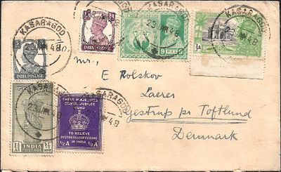 Silver Jubilee label on cover from 1948. sent to Denmark with KGV, KGVI and Jai Hind stamp. Very 