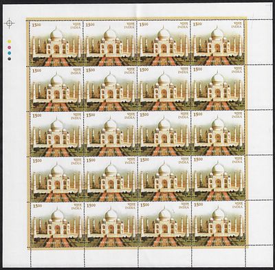India 2004 Taj Mahal, Agra complete sheet of 20 MNH Stamps; Phila no - 2100, CV- 1,000