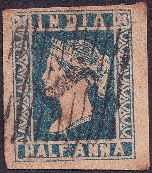 1854 QV Queen Victoria &frac12;a Litho blue stamp cancelled with JC Ty-4 numeral ''I'' pmk with 3-side 